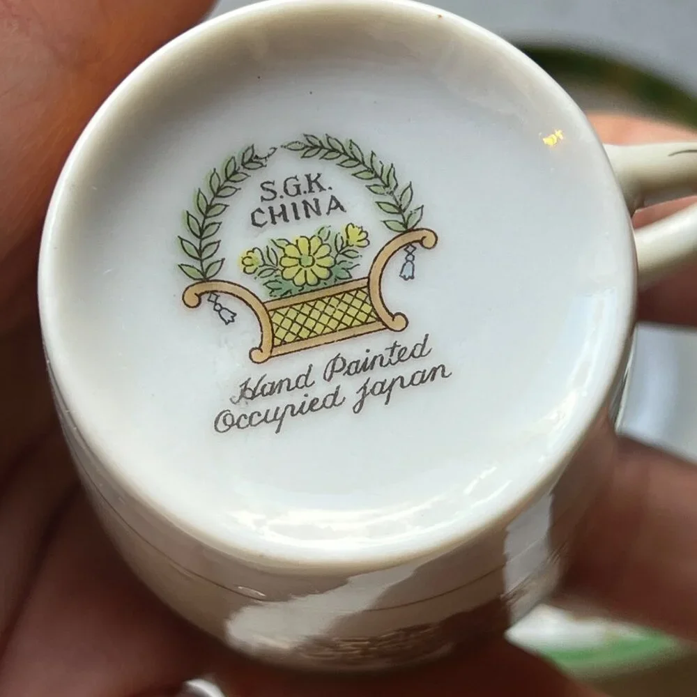 Hand Painted SGK China Demitasse Cup & Saucer Set With Gold & Green Floral Desig